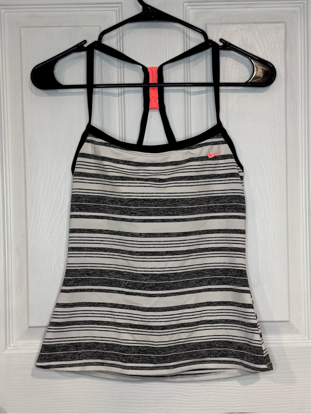 Nike Black and White Striped Racerback Tank with Pink Strap Accent